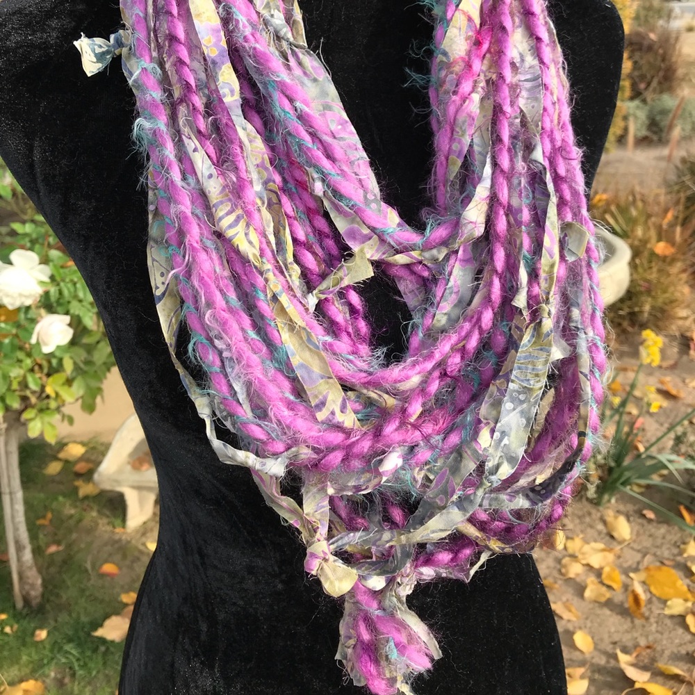 Multi textured knotted strands infinity scarf